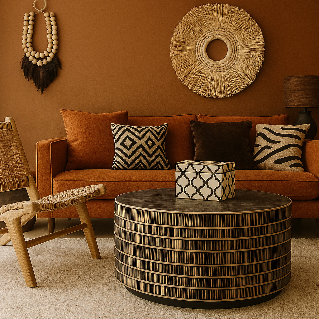 Cozy living room with brown sofa, decorative pillows, and a round coffee table.