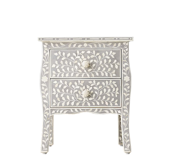 Bone Inlay French 2 Drawer Bedside : Floral : Grey