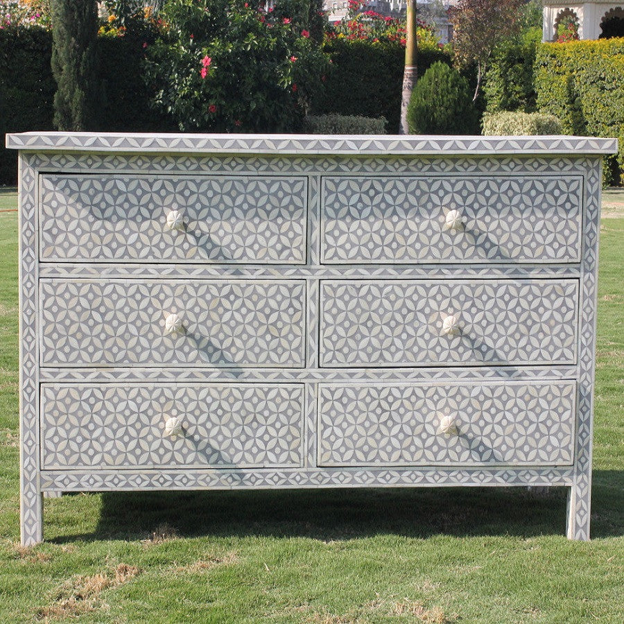 Bone Inlay 6 Drawer Chest : Starburst : Dove Grey