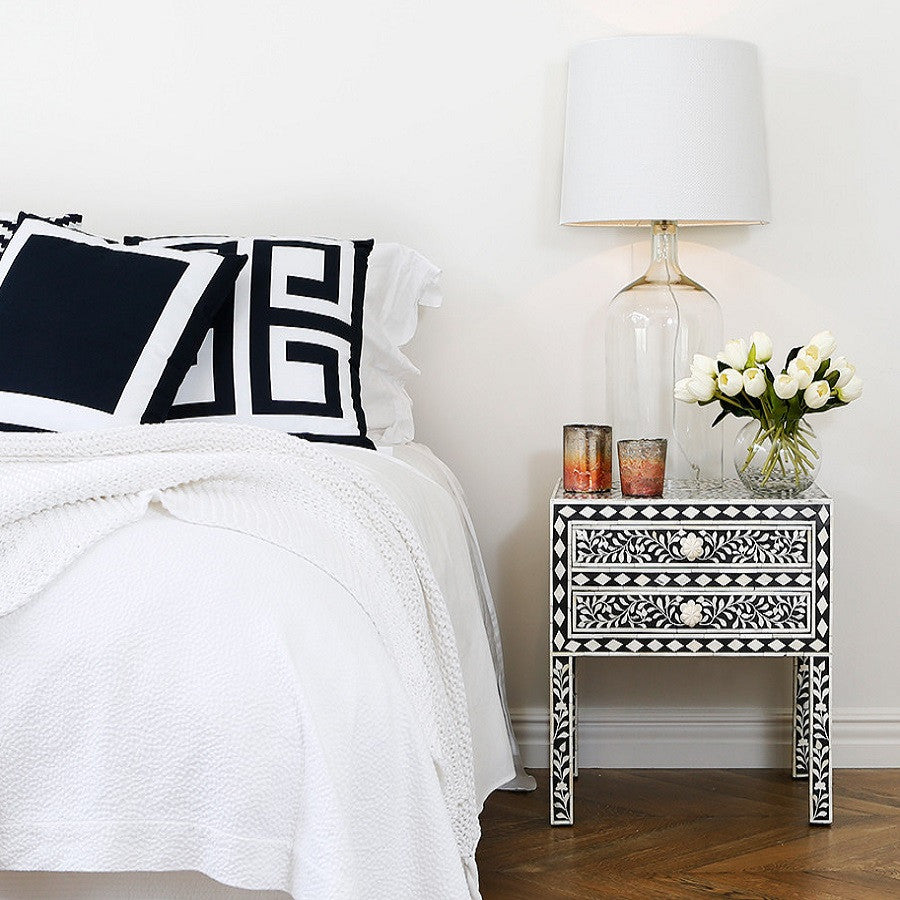 Bone Inlay 2 Drawer Bedside : Floral : Black