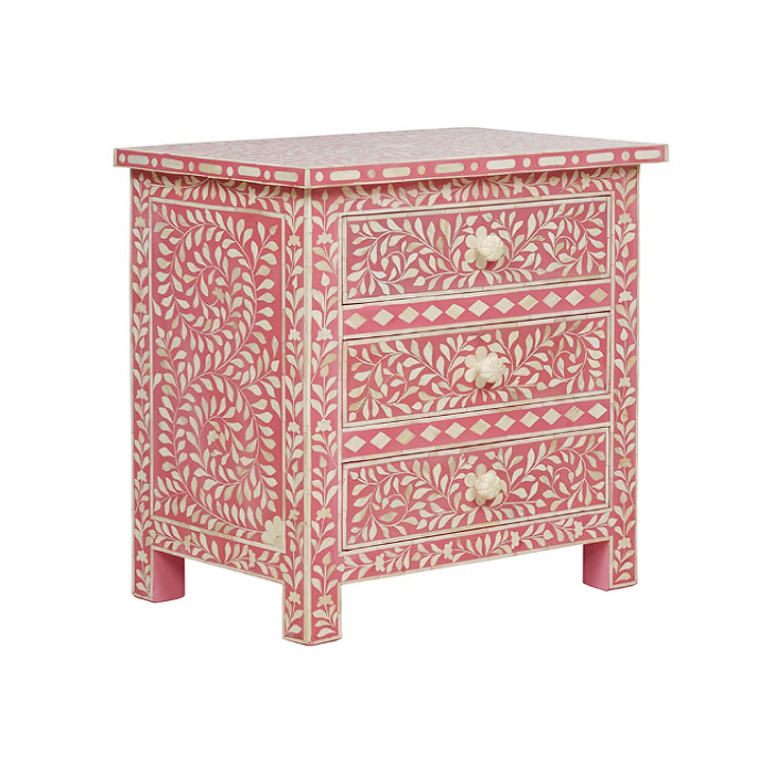 Bone Inlay 3 Drawer Bedside : Floral : Fuchsia