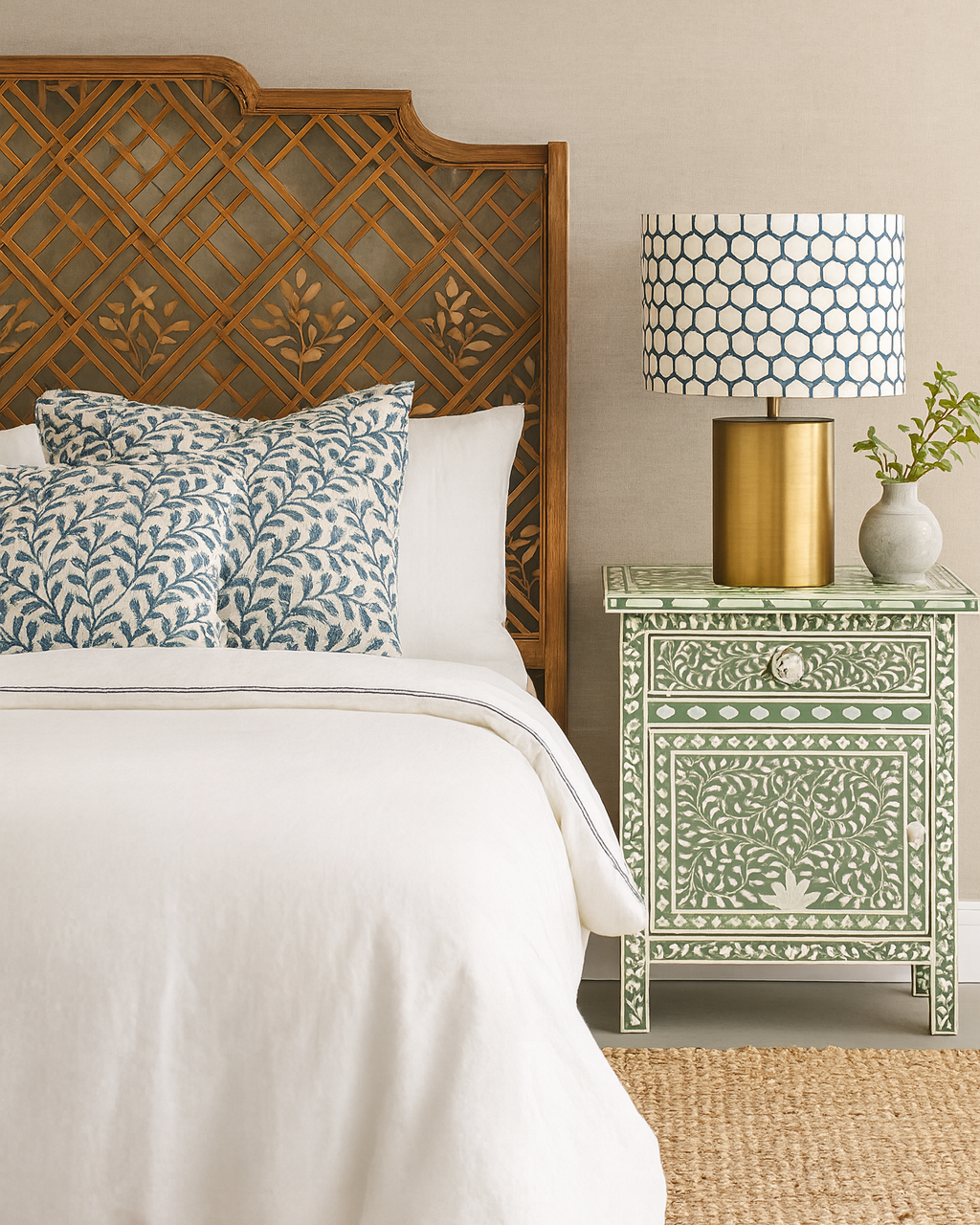 Bone Inlay Large Bedside Cabinet : Floral : Sage