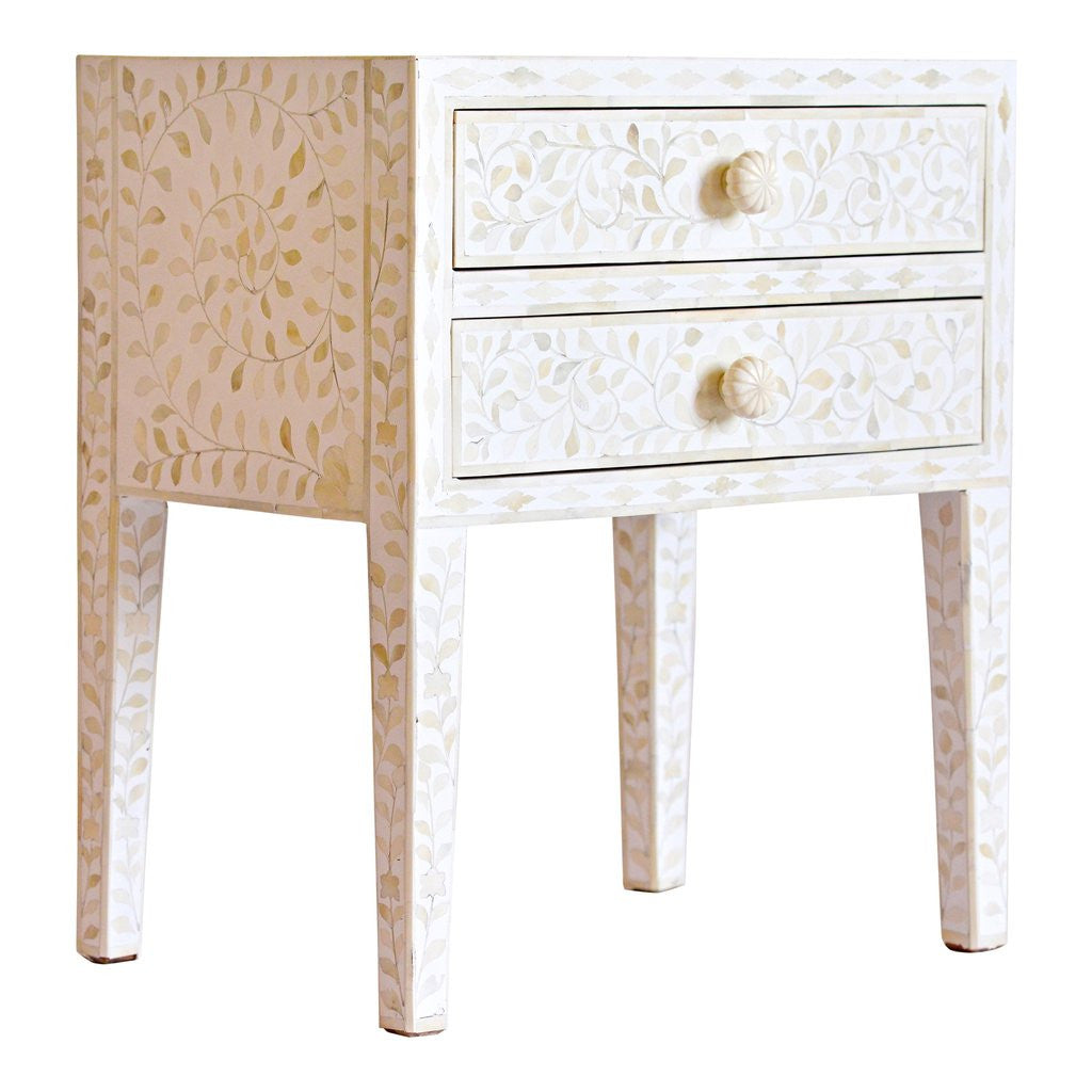 Bone Inlay 2 Drawer Bedside : Floral : White