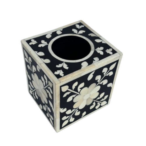Bone Inlay Tissue Holder : Floral : Black : Small