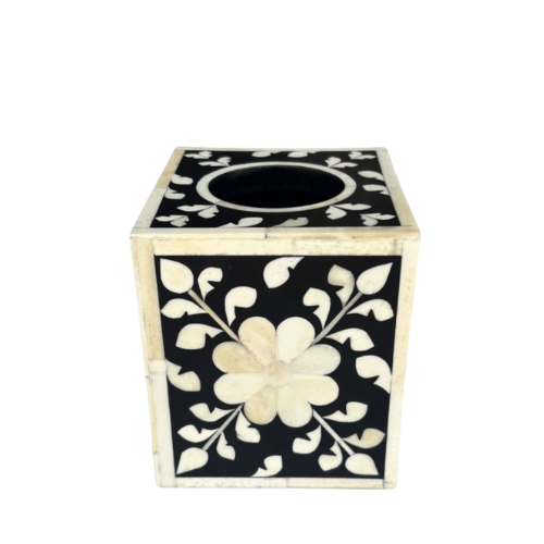 Bone Inlay Tissue Holder : Floral : Black : Small