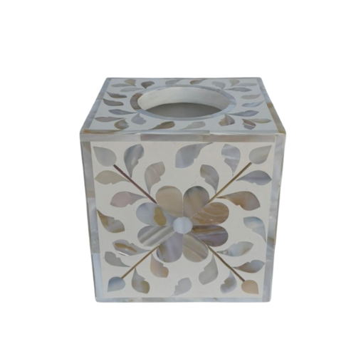 Mother of Pearl Inlay Tissue Holder : Floral : White : Small