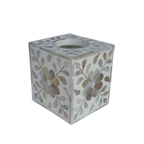 Mother of Pearl Inlay Tissue Holder : Floral : White : Small
