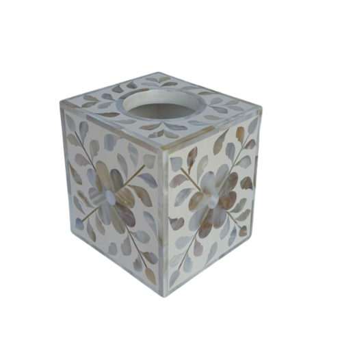 Mother of Pearl Inlay Tissue Holder : Floral : White : Small