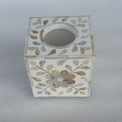 Mother of Pearl Inlay Tissue Holder : Floral : White : Small