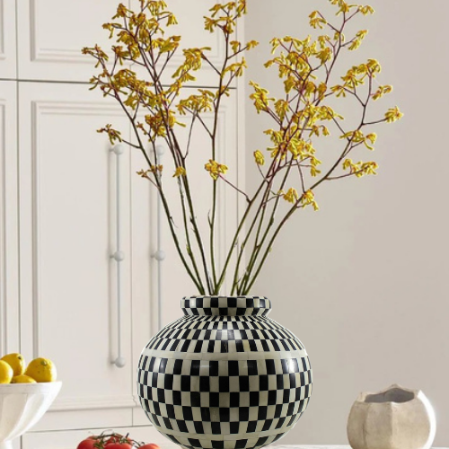 Bone Inlay Vase : Checkered : Black