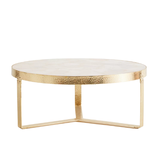 Coffee table with marble top and gold metal frame on a white background