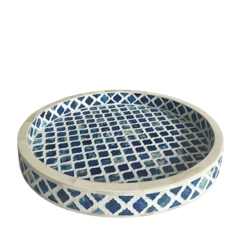 Dyed Bone Inlay Round Tray : Moroccan : Blue