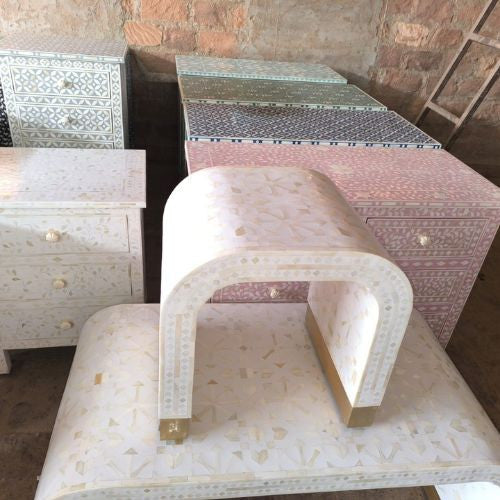 Bone Inlay Waterfall Side Table : Zelliges : White