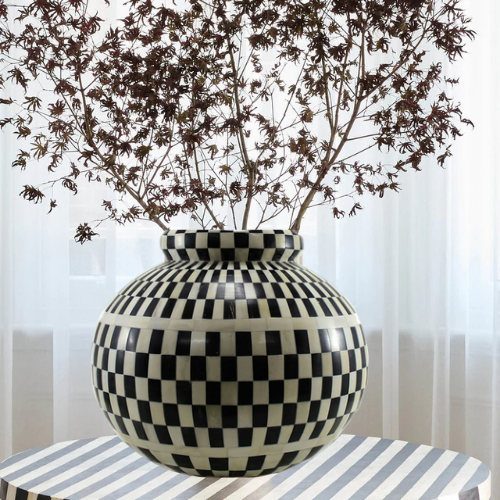 Bone Inlay Vase : Checkered : Black