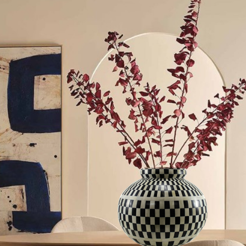 Bone Inlay Vase : Checkered : Black