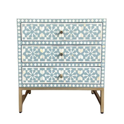Bone Inlay  3 Drawer Bedside Chest : Zelliges : Turquoise