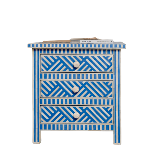 Bone Inlay 3 Drawer Bedside Chest : Criss Cross : Blue