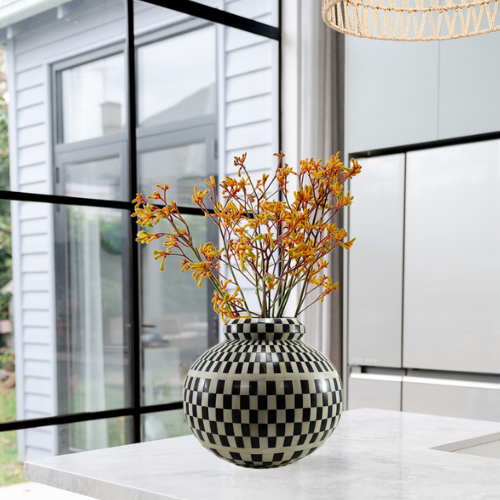 Bone Inlay Vase : Checkered : Black