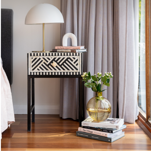 Bone Inlay 1 Drawer Bedside (with Metal Legs) : Criss Cross : Black