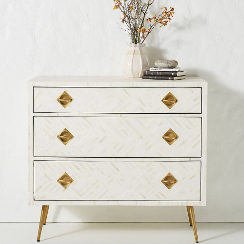 Bone Inlay 3 Drawer Chest : Criss Cross : White