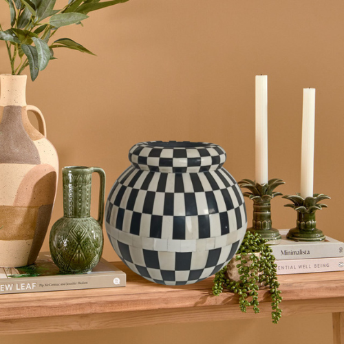 Bone Inlay Vase : Checkered : Black
