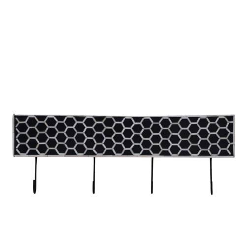 A black bone inlay wall hook with a honeycomb pattern and multiple hooks on the bottom.