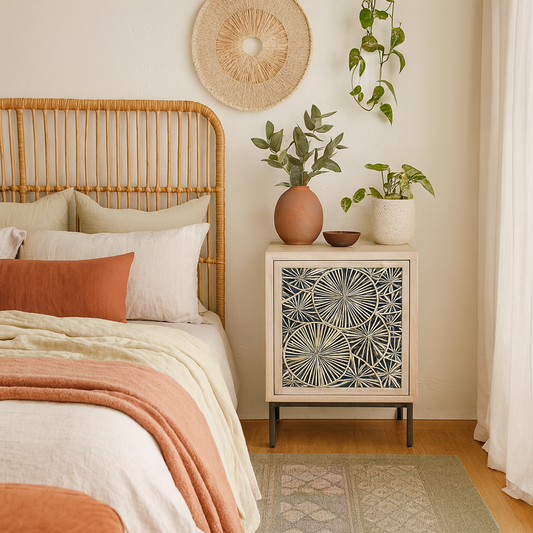 Bedside Cabinet with Bone Inlay Insert : Pond Lily : Whitewash
