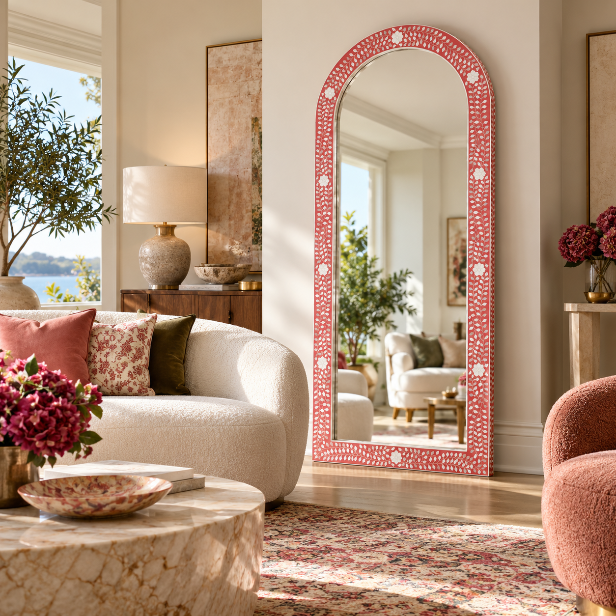 Mother of Pearl Inlay Floor Mirror : Floral : Fuchsia