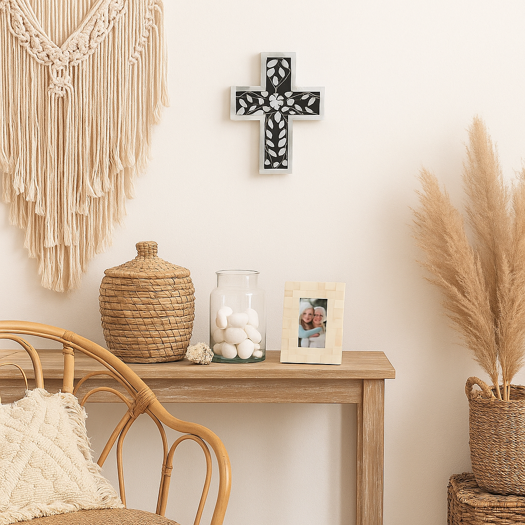Nest living room with a wooden table, wicker chair, and decorative items.
