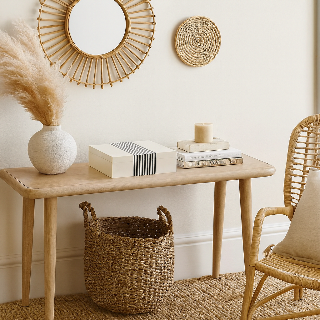 Nautical-themed room with wooden table, wicker basket, and decorative items.