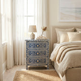 Bone Inlay 3 Drawer Bedside Chest : Fern : Marine Blue