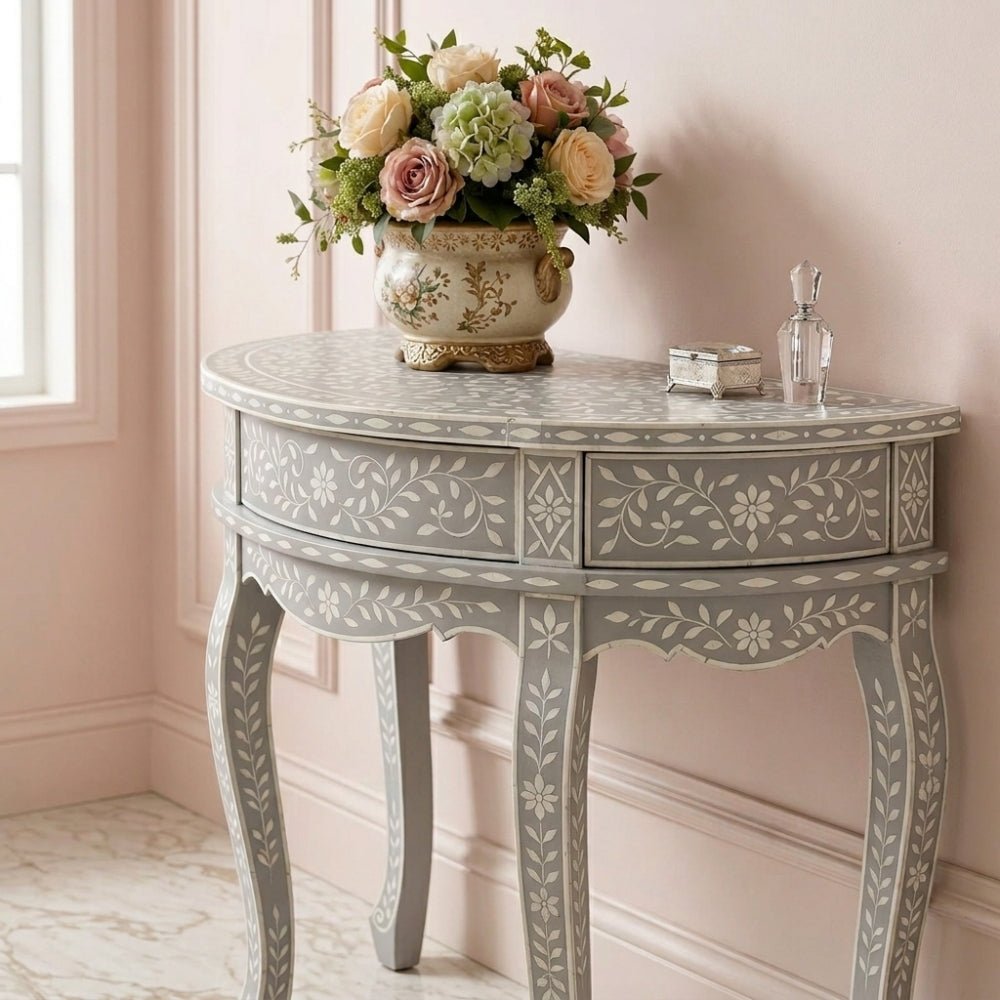Bone Inlay Half Moon Hall Table : Floral : Grey