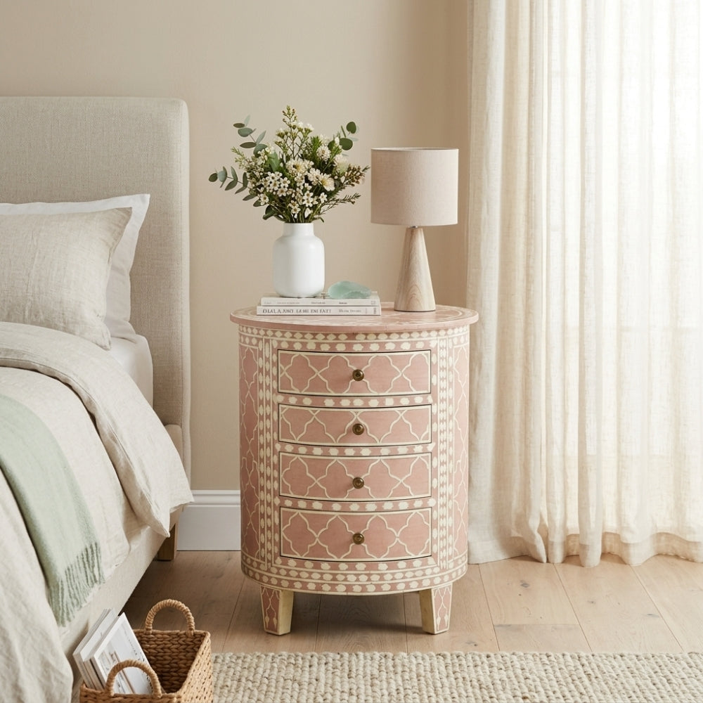 Bone Inlay Round Side Table : Lahore : Blush