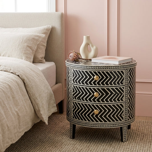 Bone Inlay Round Side Table : Zig Zag : Black