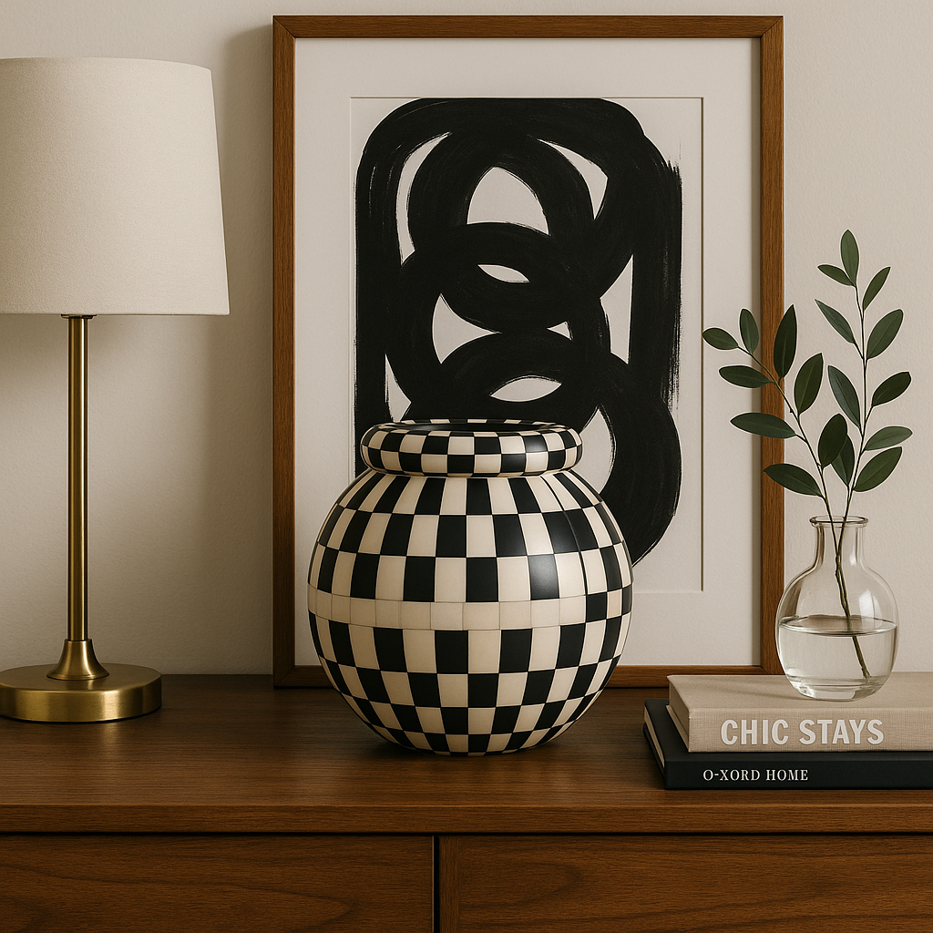 Bone Inlay Vase : Checkered : Black