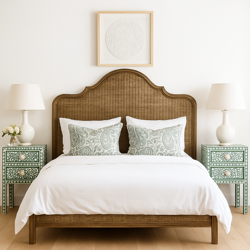 Bedroom with a wooden bed frame, white bedding, and decorative pillows.