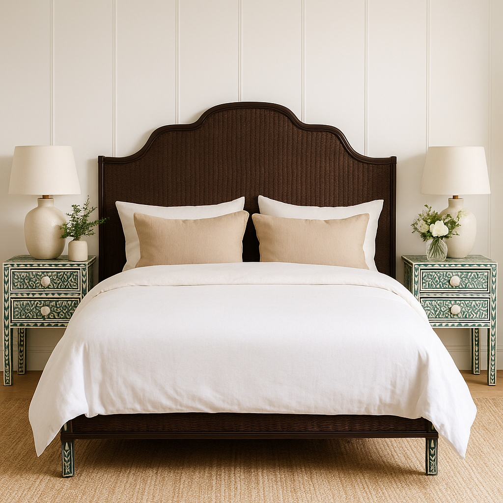 Bedroom with a wooden bed, white bedding, and decorative nightstands with lamps.