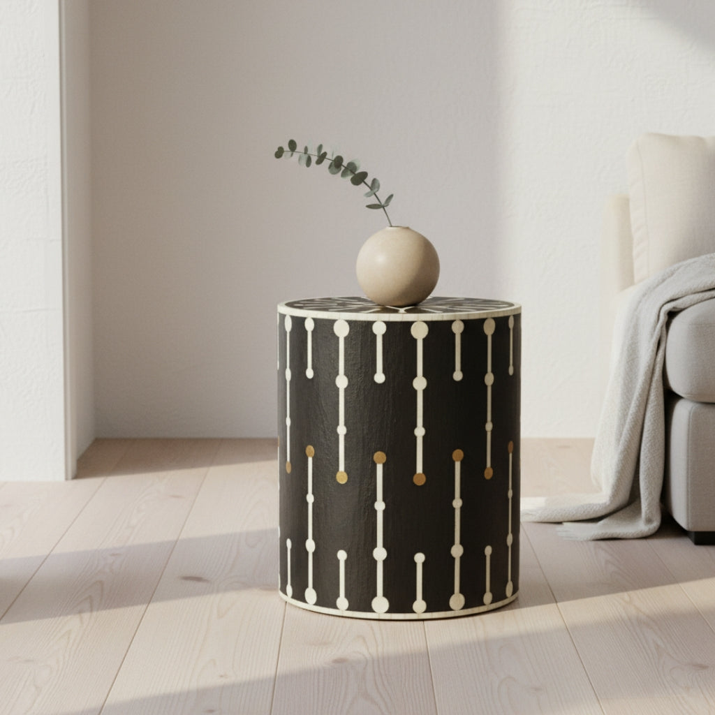 Bone & Brass Inlay Side Table : Black