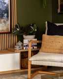 Living room with a wooden chair, decorative pillows, and a shelf with plants and decor.