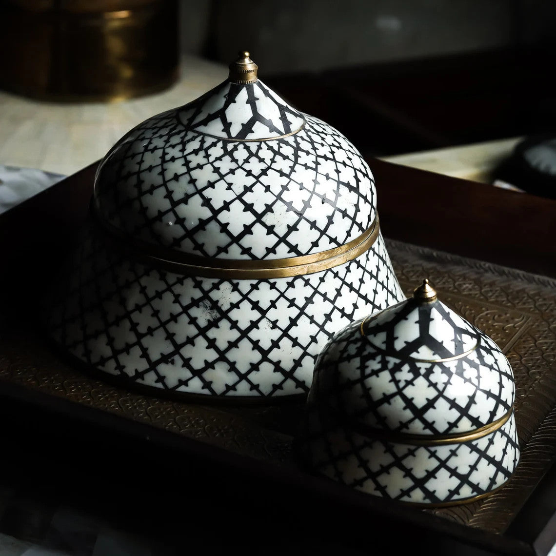 Bone & Brass Moghul Box : Trellis : Black & White