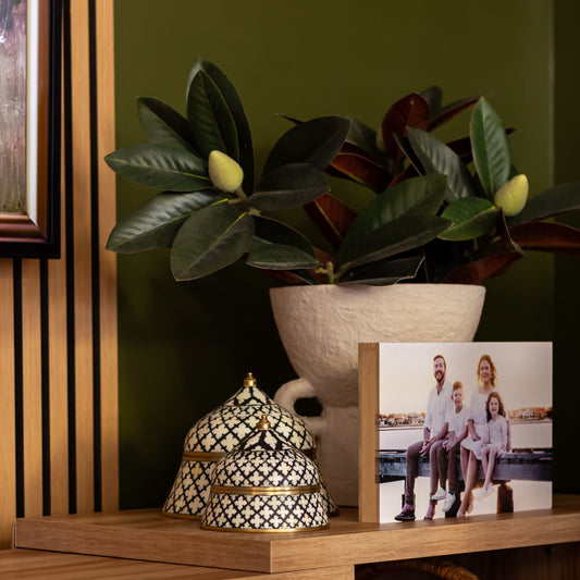 Decorative items including a plant, decorative boxes, and a family photo on a wooden surface.