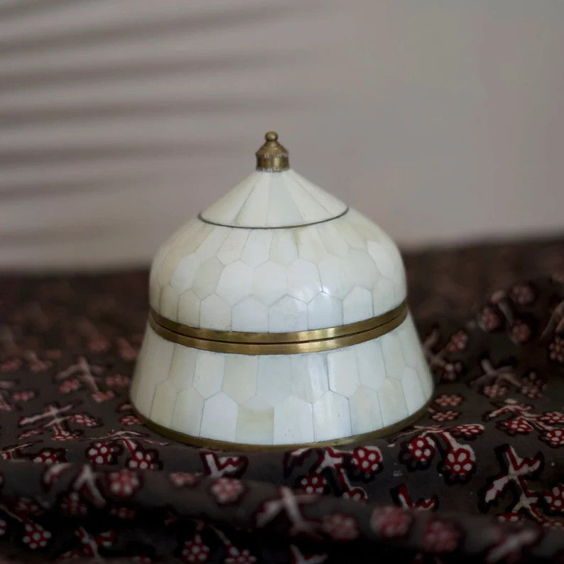 Bone & Brass Moghul Box : White displayed close up