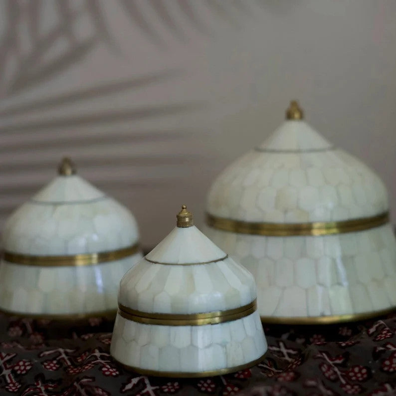 Bone & Brass Moghul Box : White Set of 3