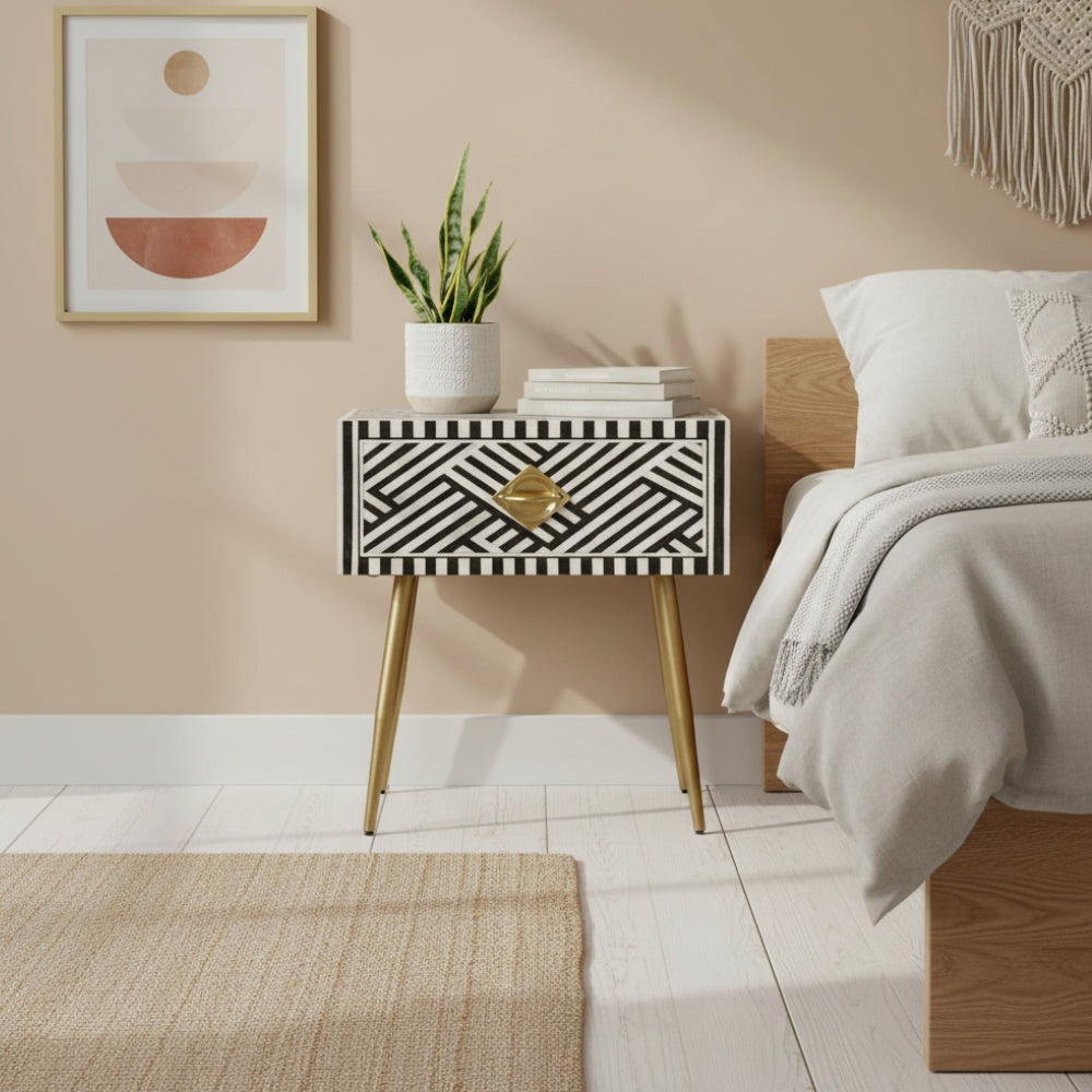 Bone Inlay 1 Drawer Bedside Table : Criss Cross : Black