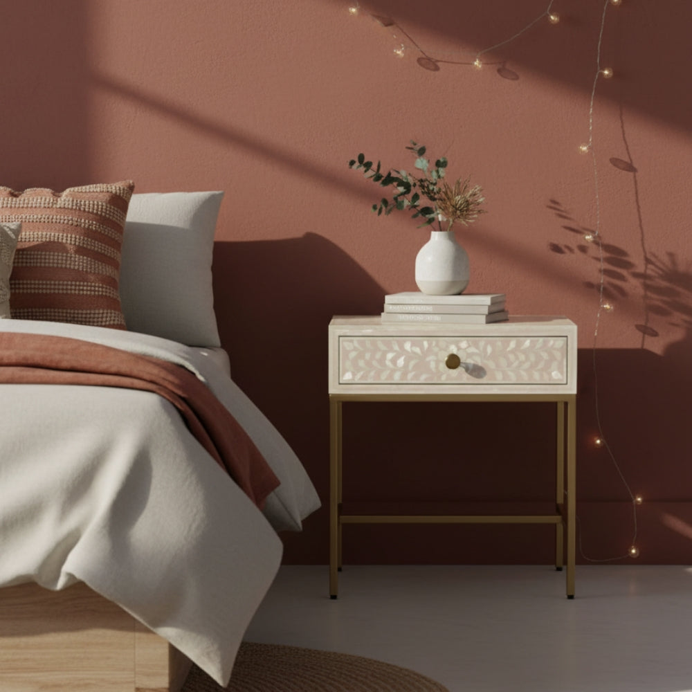 Bone Inlay 1 Drawer Bedside (with Metal Legs) : Blush