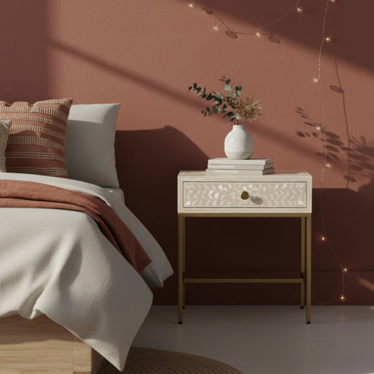 Bone Inlay 1 Drawer Bedside (with Metal Legs) : Blush