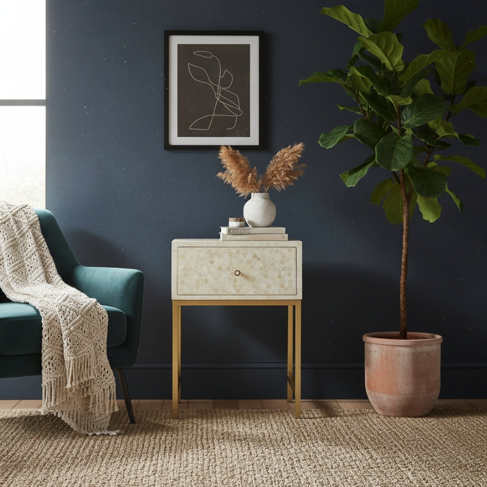 Bone Inlay 1 Drawer Bedside (with Metal Legs) : Celeste : White