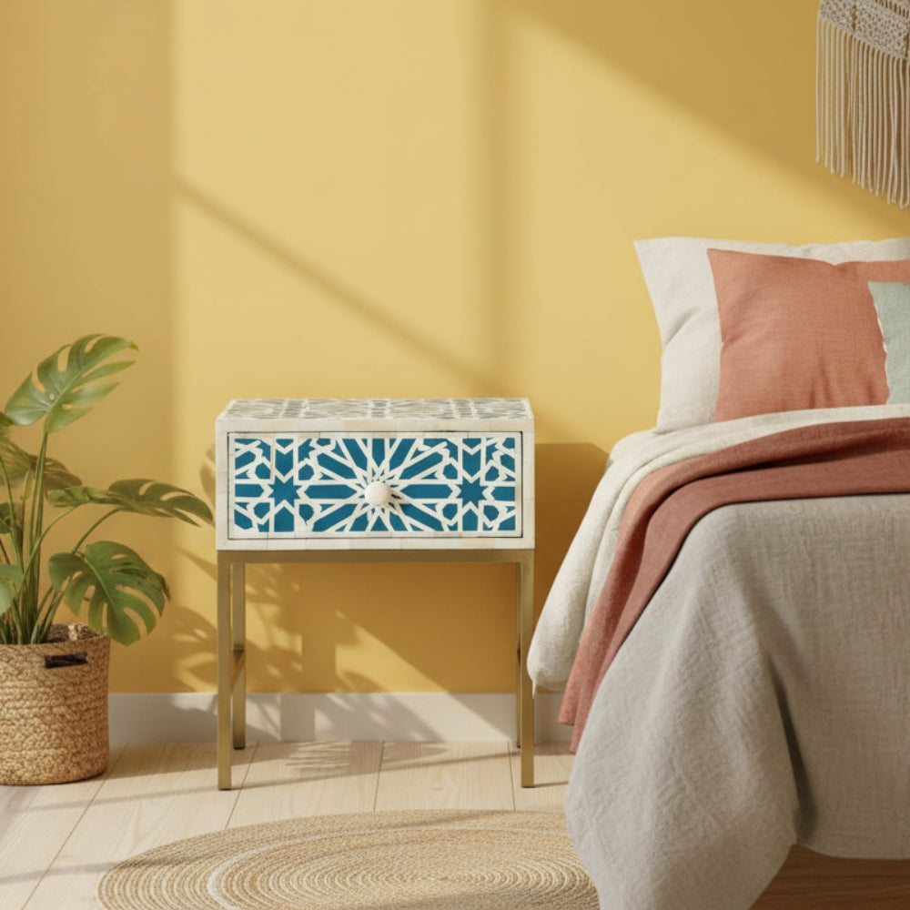 Bone Inlay 1 Drawer Bedside (with Metal Legs) : Dodeca : Teal