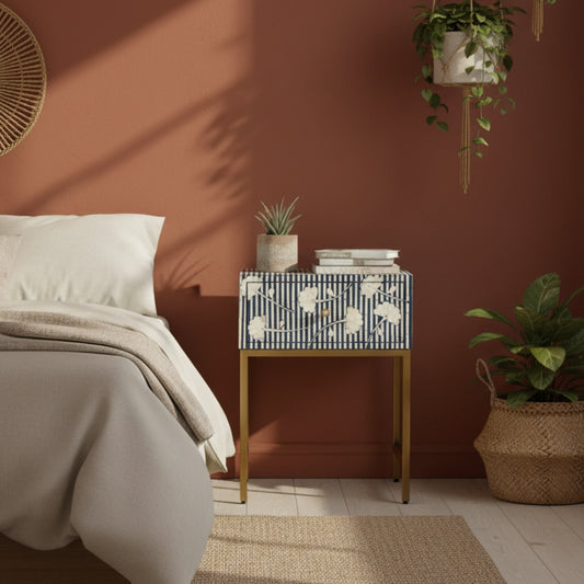 Bone Inlay 1 Drawer Bedside (with Metal Legs) : Striped Floral
