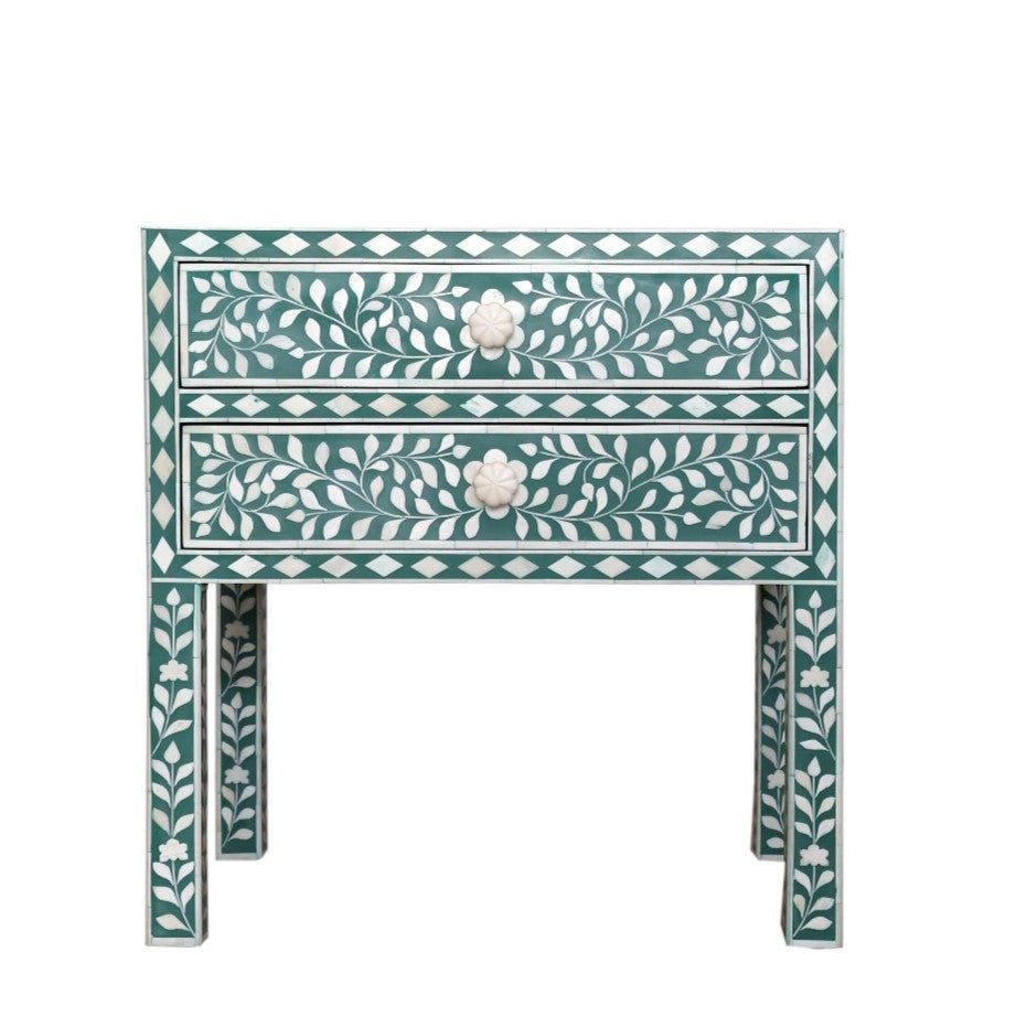 Bone Inlay 2 Drawer Bedside : Floral : Dark Green